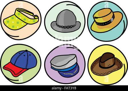 Un Cartoon raccolta di sei differenti cappelli e berretti icona nel telaio a cerchio Illustrazione Vettoriale