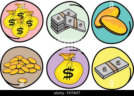 Un Cartoon raccolta di denaro e Gold Icona, sacco di denaro, di banconote e di monete d'oro nel telaio a cerchio Illustrazione Vettoriale