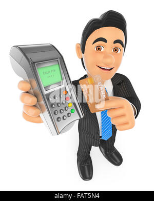 3d la gente di affari. proprietari di pagare con una carta di credito in un terminale bancario isolati a sfondo bianco. Foto Stock