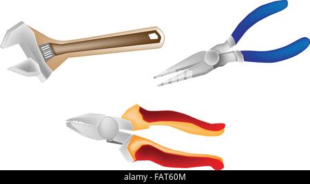 Utensili a mano, un'illustrazione raccolta di una chiave e pinze isolate su sfondo bianco Illustrazione Vettoriale
