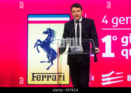 Milano, Italia. 04 gen 2016. Matteo Renzi, il Primo Ministro italiano parla durante la cerimonia per il pranzo di Ferrari in Milano borsa. Credito: Mauro Ujetto/Pacific Press/Alamy Live News Foto Stock