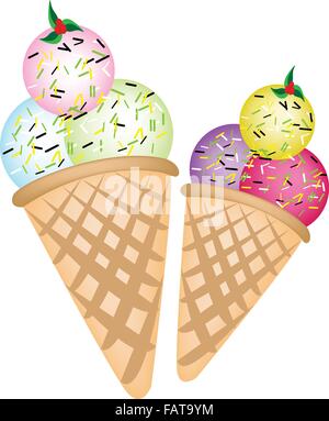 Una illustrazione colorata del gelato variazioni nei due coni di cialda, isolato su sfondo bianco Illustrazione Vettoriale