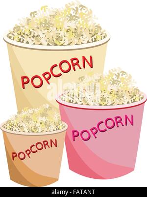 Spuntini e una illustrazione di tre dimensioni di giallo, arancione e rosa secchio di popcorn isolato su uno sfondo bianco Illustrazione Vettoriale