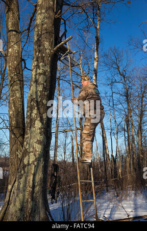 Crossbow hunter salendo una scaletta Foto Stock