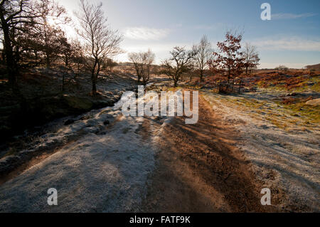 Un tipico percorso nel Peak District, situato in esecuzione dal ponte Burbage attraverso Lawrence Campo nel Parco Nazionale. Foto Stock