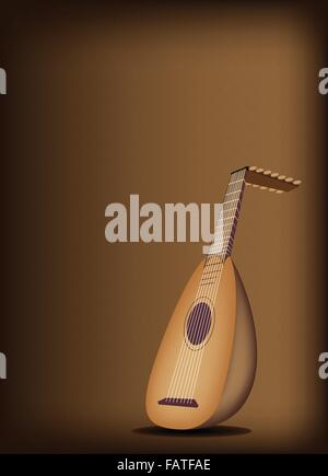 Strumento musicale, un'illustrazione di un bellissimo ed antico mandolino Bluegrass sul bellissimo Vintage marrone scuro dello sfondo con copia Illustrazione Vettoriale