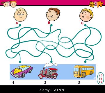 Cartoon illustrazione dei percorsi di istruzione Puzzle Attività per i bambini in età prescolare con ragazzi e veicoli Illustrazione Vettoriale