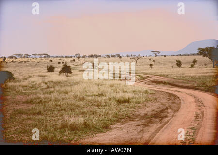 Una strada sterrata che si snoda attraverso la savana Africana con un filtro retrò Foto Stock