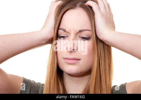 Giovane donna soffre di mal di testa. Tutto su sfondo bianco. Foto Stock
