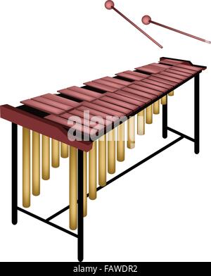 Strumento musicale, un'illustrazione di Marimba in stand e due isolati del battitore su sfondo bianco Illustrazione Vettoriale