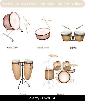 Illustrazione di colore marrone collezione Vintage di strumenti musicali a percussione bongo, Conga, grancassa, rullante tamburo e il kit del tamburo Illustrazione Vettoriale