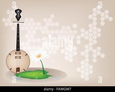 Strumento musicale, un'illustrazione del banjo o Dan Nguyet bianco e giglio di acqua o il fiore di loto sul bellissimo Marrone Vintage Fase B Illustrazione Vettoriale