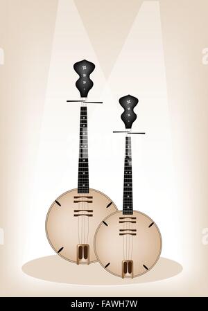 Strumento musicale, un'illustrazione del colore bruno o Banjo Dan Nguyet sulla fase marrone con sfondo spazio copia testo per decorare Illustrazione Vettoriale