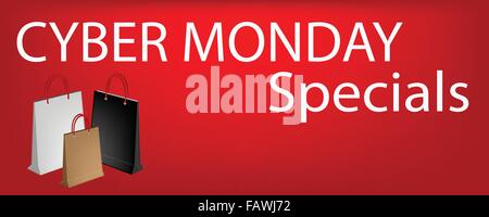Cyber monday special sul banner rosso con carta Shopping Bags, segno per iniziare lo shopping natalizio stagione. Illustrazione Vettoriale