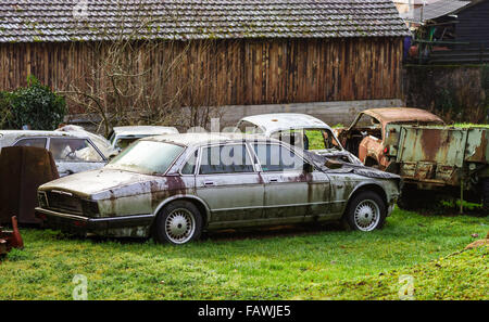 Vecchio arrugginito lasciava in auto sulla strada, il cimitero di automobili Foto Stock