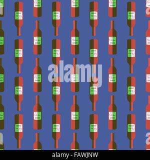 Vettore pop colorato stile arte vino rosso bottiglia seamless pattern su sfondo blu Illustrazione Vettoriale