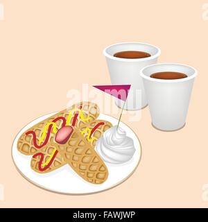 Tempo di caffè, una tazza di caffè da asporto in tazza monouso servita con Golden Brown in casa i cani di mais o Hot Dog cialde Illustrazione Vettoriale