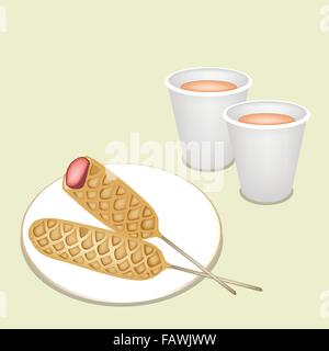 Tempo di caffè, una tazza di caffè da asporto in tazza monouso servita con Golden Brown in casa i cani di mais o Hot Dog waffle su un STIC Illustrazione Vettoriale