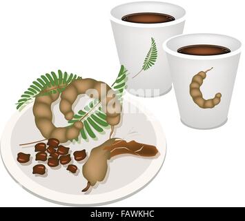 Tempo di caffè, una tazza di caffè caldo fresco con maturazione marrone cialde dolci di tamarindo, il verde delle foglie e semi isolato su bianco Backg Illustrazione Vettoriale