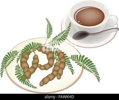 Tempo di caffè, una tazza di caffè caldo fresco con maturazione marrone cialde dolci di tamarindo, il verde delle foglie e semi isolato su bianco Backg Illustrazione Vettoriale