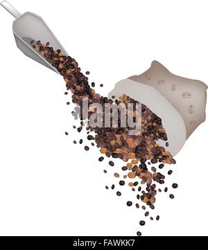 Tempo di caffè, un'illustrazione dei diversi caffè torrefatto in grani è sceso dalla borsa di tela e scoop in metallo isolato su un bianco Backg Illustrazione Vettoriale