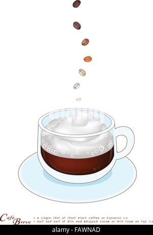 Una tazza di caffè breve isolato su uno sfondo bianco, Cafe Breve è un Cappuccino Milk-Based realizzato con mezzo-e-mezzo rabboccato con Wh Illustrazione Vettoriale