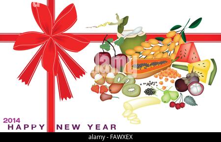 Una illustrazione di vari tipi di alimenti minerali o la frutta per il 2014 Anno Nuovo biglietto di auguri e il Voucher Illustrazione Vettoriale