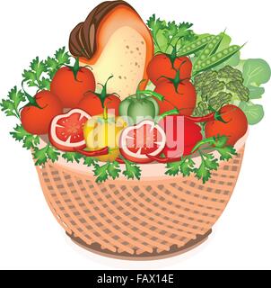 Vari tipi di vegetali e vitamina alimenti su un bel cesto di vimini Illustrazione Vettoriale