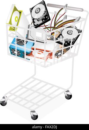 Un carrello pieno con disco CD-ROM Drive, la scatola di alimentazione, il disco rigido del computer per il computer desktop o il PC desktop isolati su Illustrazione Vettoriale