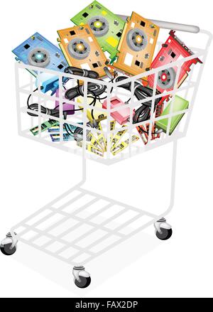 Un carrello pieno con RAM, Computer Graphic Card o scheda video, l'unità di alimentazione per il calcolatore e l'adattatore di alimentazione per la telefonia mobile Illustrazione Vettoriale