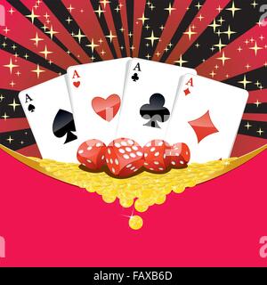 Dadi, giocando a carte e la caduta delle monete in oro sullo sfondo del gioco d'azzardo Illustrazione Vettoriale