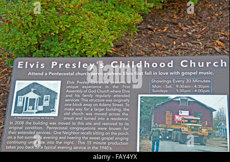 Segno a Elvis Presley Memorial Chapel/Infanzia Chiesa, Tupelo, Mississippi Foto Stock