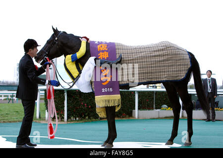 Hyogo, Giappone. Il 26 dicembre, 2015. Rosa Gigantea ( Mirco Demuro) Horse Racing : Jockey Mirco Demuro celebra con Rosa Gigantea dopo aver vinto la Coppa di Hanshin all Ippodromo di Hanshin a Hyogo, Giappone . © Eiichi Yamane/AFLO/Alamy Live News Foto Stock