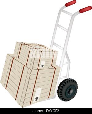 Carrello a comando manuale o Dolly caricamento due casse di legno o il box di carico avvolto in bande di acciaio isolati su sfondo bianco, pronto per Shipp Illustrazione Vettoriale