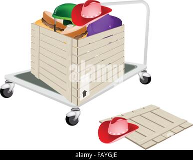 Forca pallet carrello il caricamento di una cassetta di legno o il box di carico pieno con vari colori e stile di moda cappelli, pronti per la spedizione o Illustrazione Vettoriale