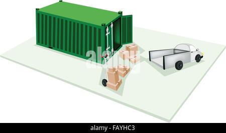 Carrello a comando manuale o carrello di caricamento di cartone ondulato o scatola di cartone da un carrello di prelievo nel contenitore di carico, pronti per la spedizione o Illustrazione Vettoriale