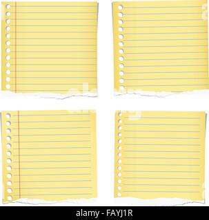 Set di giallo notebook strappato le carte con linee blu su sfondo bianco Illustrazione Vettoriale