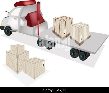 Un gruppo di casse di legno o di box di carico sulla parte posteriore del pianale di un autocarro, rimorchio del trattore o pianale autoarticolato. Illustrazione Vettoriale