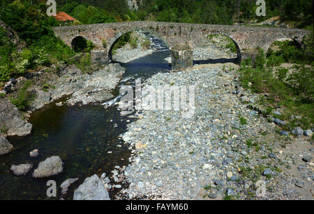 Il ponte romanico ponte che attraversa il fiume Orba, secolo XVII, di Tiglieto, Ligure, Italia Foto Stock