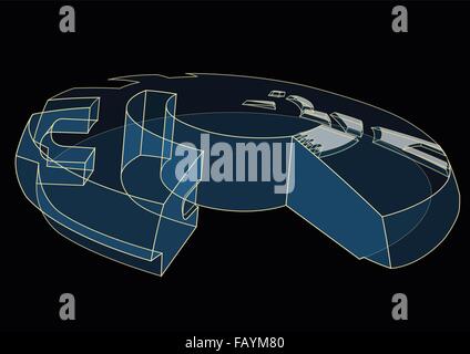 Un bel blu trasparente dissipatore di futuro 3D disco con contorno giallo su nero. Sfondo tecnologico appiattire illustrazione vettore master Illustrazione Vettoriale