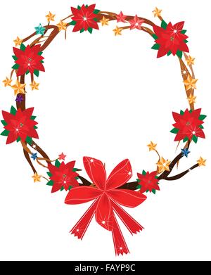 Una bella Ghirlanda di Natale del ramo di albero decorato con Red Poinsettia piante, Star ornamenti e fiocco rosso, segno per Natale Illustrazione Vettoriale