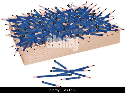 Arte, Alimentazione Pila di blu matite affilate di scrittura o di disegno e disegnare una foto in una scatola di legno isolato su sfondo bianco Illustrazione Vettoriale