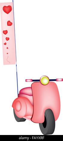Il concetto di amore, una illustrazione del classico Scooter rosa con una bella bandiera con cuore in Medio isolare su uno sfondo bianco. Illustrazione Vettoriale