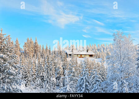 Cottage in una collina sopra la coperta di neve forest a Ruka in Finlandia sul polo artico cerchio in inverno Foto Stock