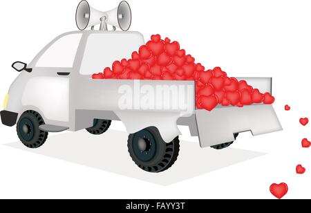 Il concetto di amore, un camioncino pieno con pila di Cuore adorabile, pronto per la consegna e inviare a qualcuno di speciale. Illustrazione Vettoriale