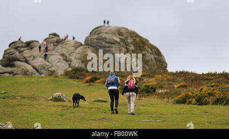 Due giovani donne e un cane ascendere verso Haytor, uno dei più popolari del granito esposta tori su Dartmoor Devon Foto Stock