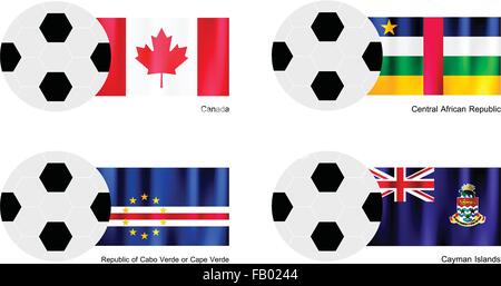 Una illustrazione di palloni da calcio o palloni da calcio con le bandiere del Canada, Repubblica Centrafricana, Repubblica di Cabo Verde o capo Verd Illustrazione Vettoriale