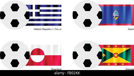 Una illustrazione di palloni da calcio o palloni da calcio con le bandiere della Repubblica ellenica o la Grecia, Guam, Groenlandia e Grenada sulla isolato Illustrazione Vettoriale