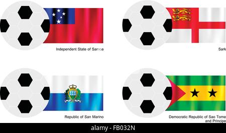 Una illustrazione di palloni da calcio o palloni da calcio con bandiere di Samoa, Sark, San Marino e Sao Tome e Principe sulla isolato su un Wh Illustrazione Vettoriale