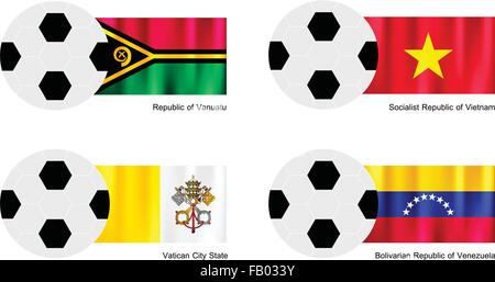 Una illustrazione di palloni da calcio o palloni da calcio con le bandiere di Vanuatu Vietnam, lo Stato della Città del Vaticano e Venezuela isolato su una Pentecoste Illustrazione Vettoriale